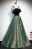 Spaghetti Straps Tulle Lace Green Prom Dress, Floor Length Lace Up Formal Dress