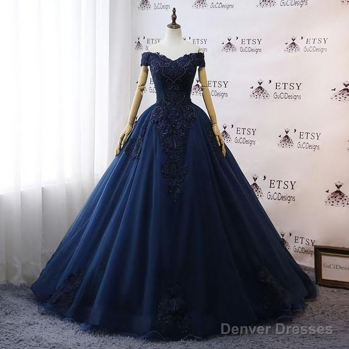 Prom Dresses, Navy Blue Wedding Dresses, Floral Lace Ball Gown Off Shoulder Evening Dress Main image