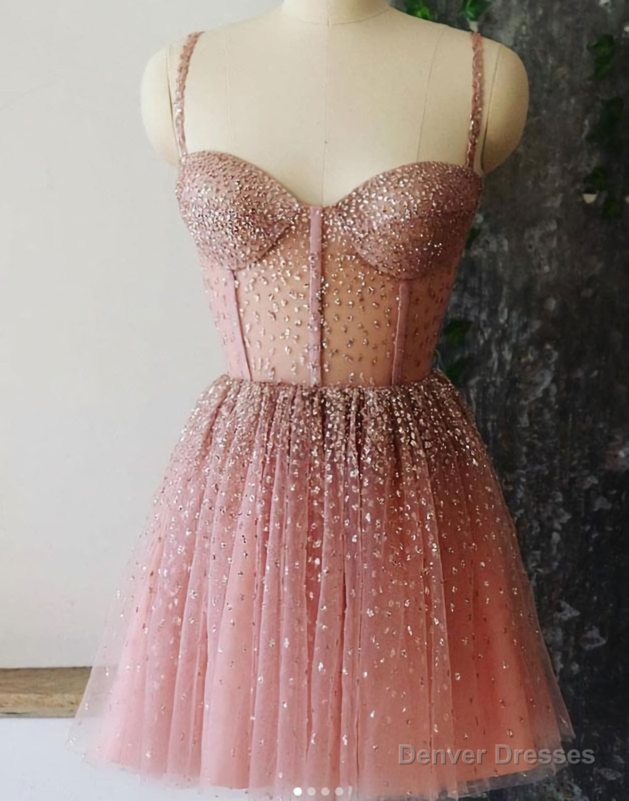A Line Spaghetti Straps Short Dresses, Dusty Pink Beaded Homecoming Dress Main image