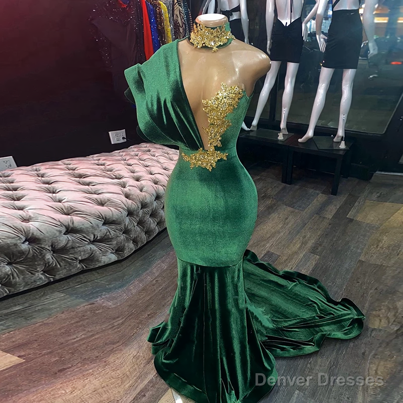 Emerald Green Evening Dresses, High Neck Appliques Gold Lace Mermaid Prom Dresses, Sexy Formal Velvet Party Gowns Main image