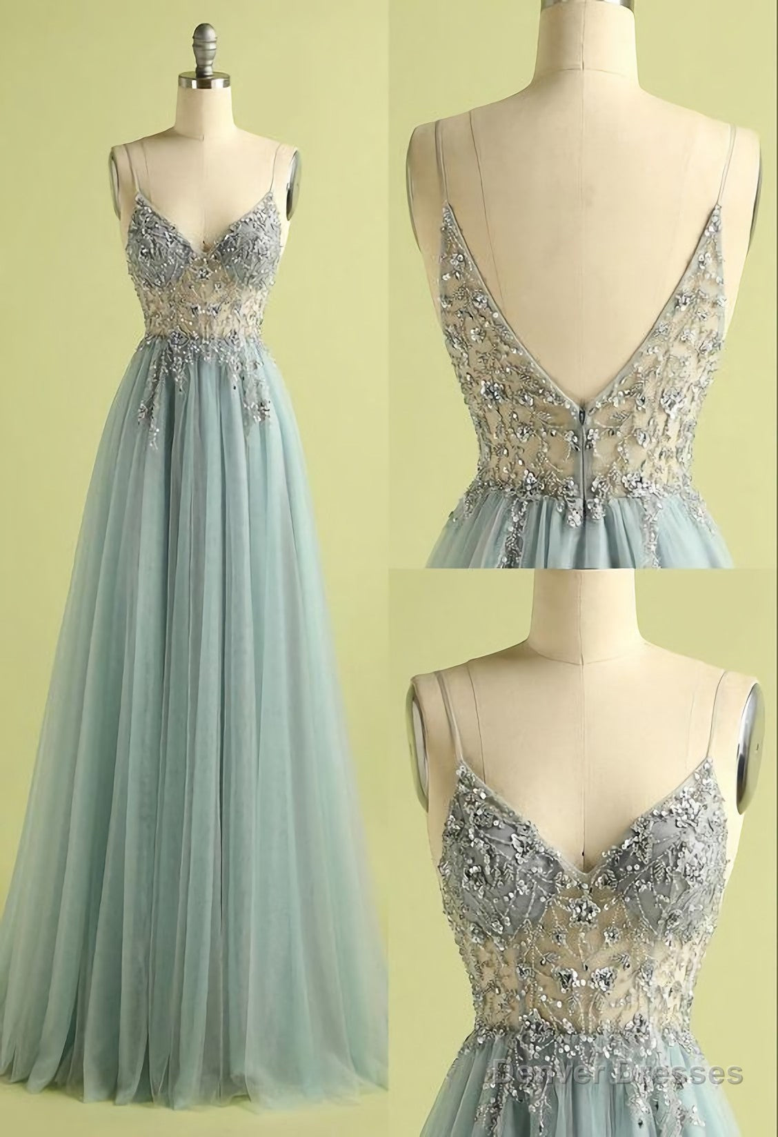 Vintage Prom Dresses, V Neck Slit Tulle Dress Main image