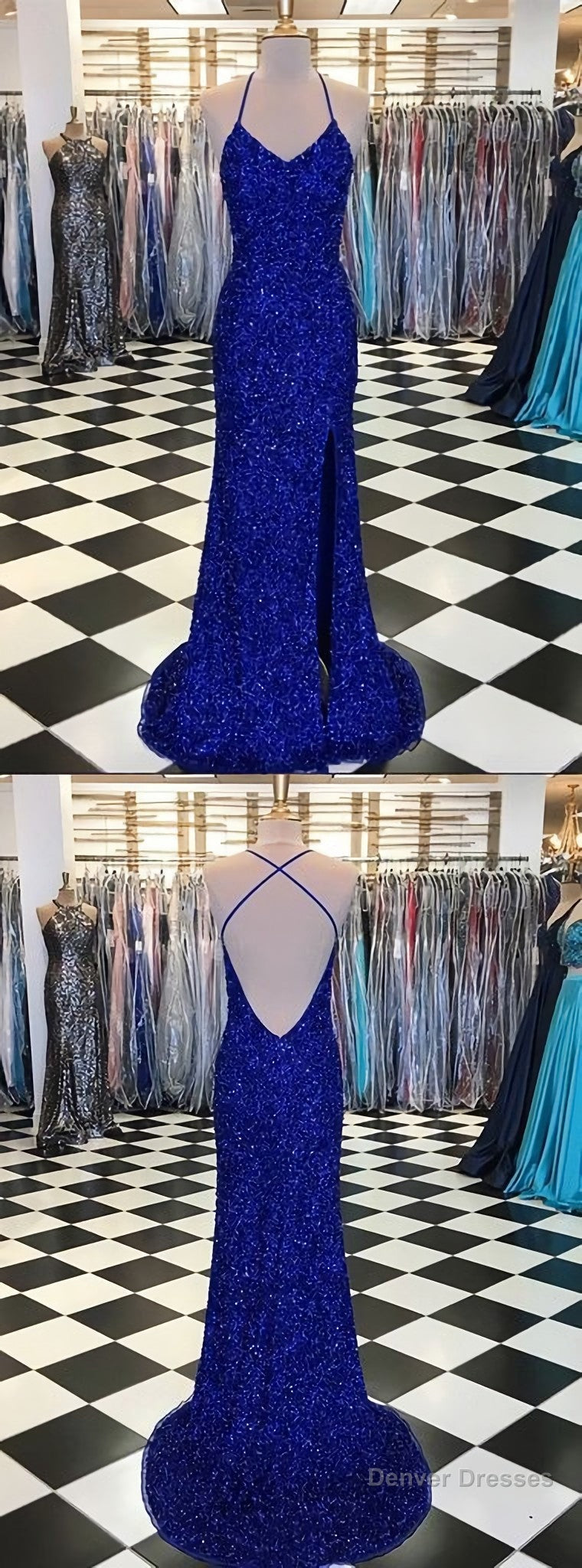 Trumpet Mermaid Royal Blue Long Prom Dresses, Spaghetti Straps Beading Evening Gowns Main image