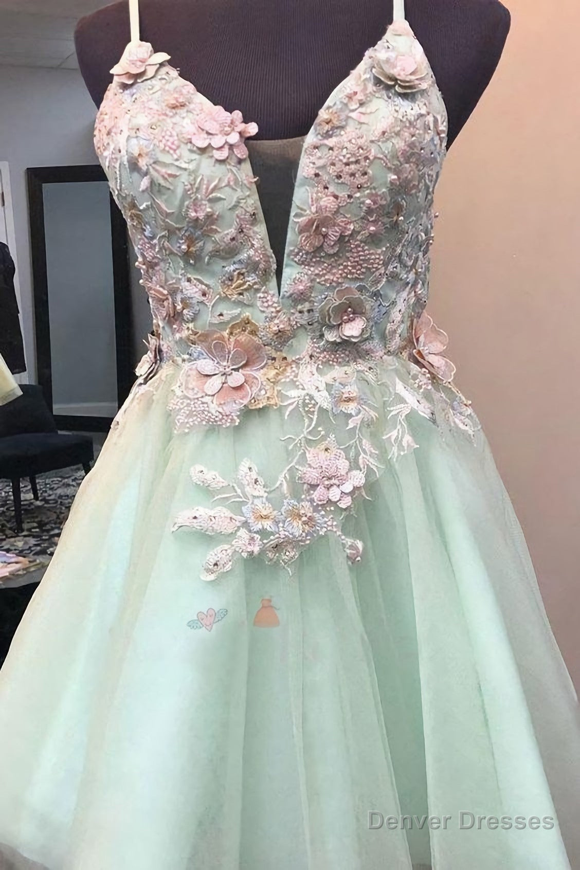 Mint Green Short Homecoming Dress, With Flowers Mini Tulle Graduation Dress, With Pearls Main image