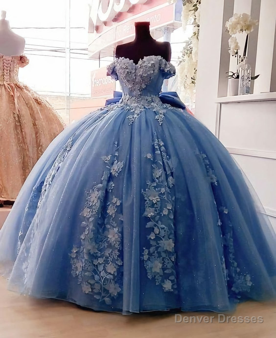 Off The Shoulder Floor Length A Line Evening Dresses, With Beaded Lace Appliques Prom Dress Main image