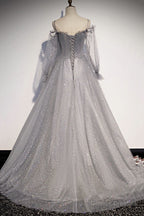 Gray Tulle Sequins Long A Line Prom Dress, Evening Dress