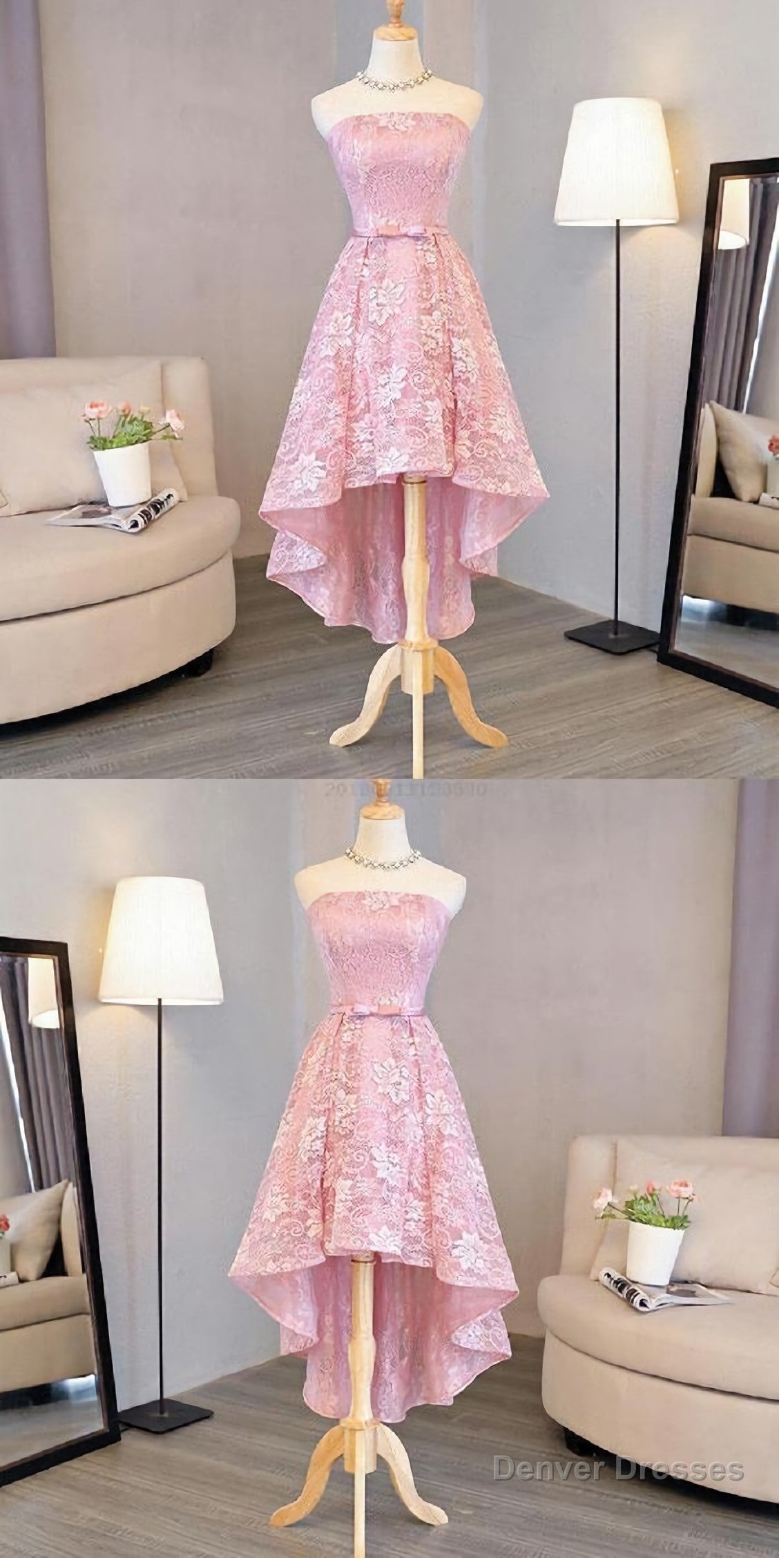 Nice Pink High Low Lace Dress, Pink High Low Dress, Lace Dress, Homecoming Dress