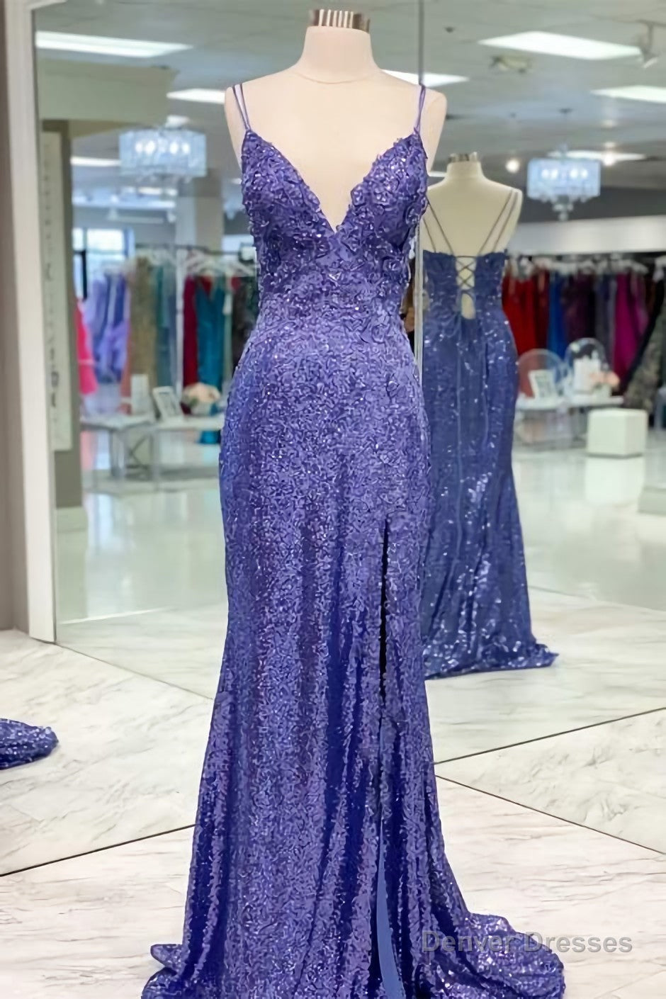 Tight Purple Sequined Long Prom Dress, With Slit Main image