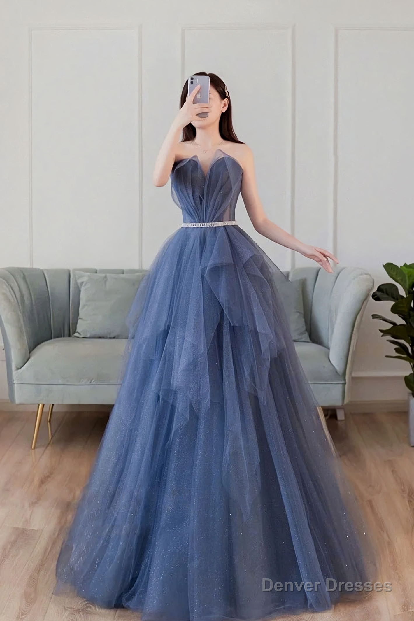 Blue Sweetheart Neck Tulle Long Prom Dress, Blue Tulle Formal Dress Main image