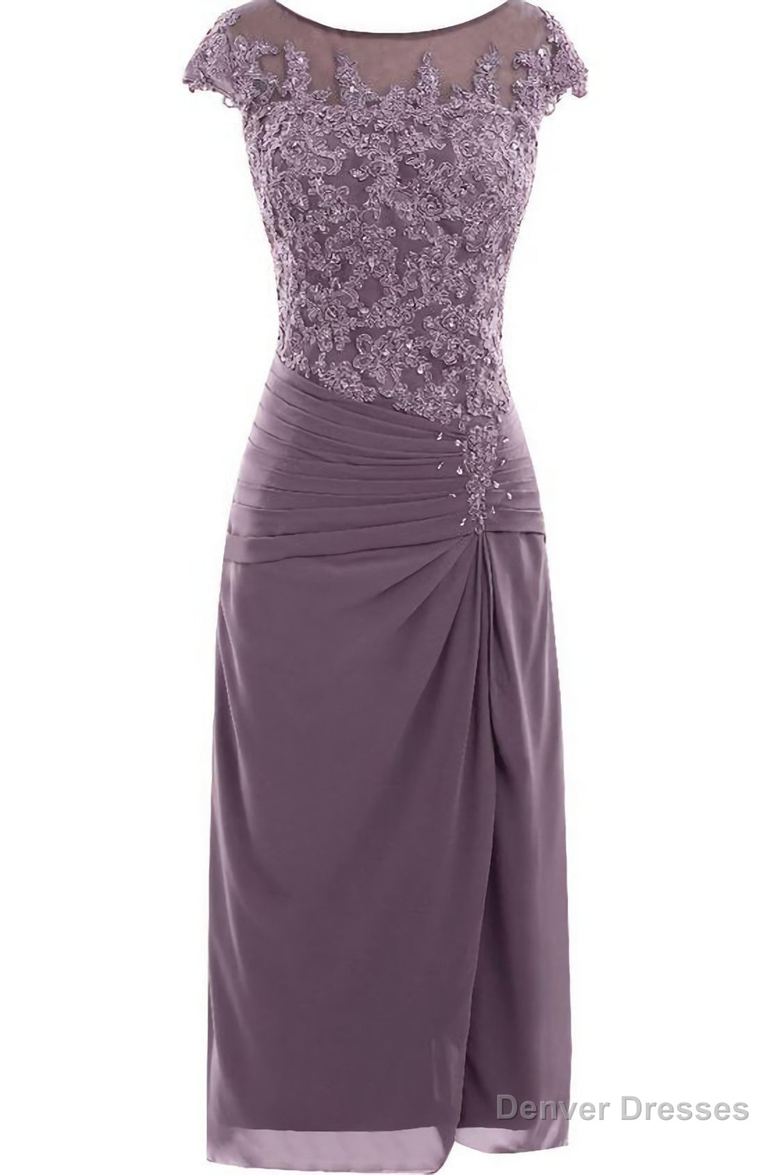Knee Length Mauve Tight Chiffon Mother Of The Bride Prom Dress, With Cap Sleeves