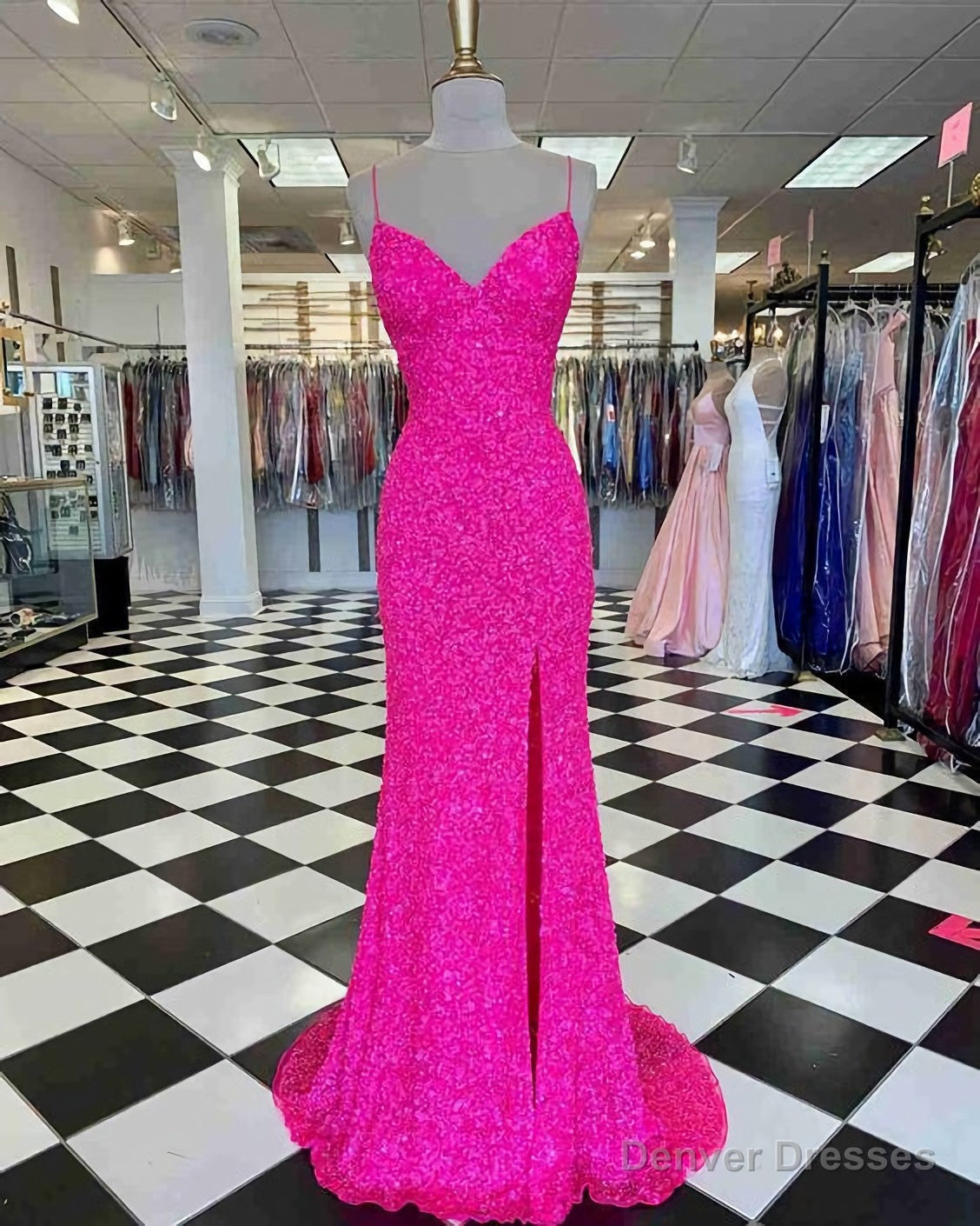 Hot Pink Straps Prom Dress, With Slit Main image