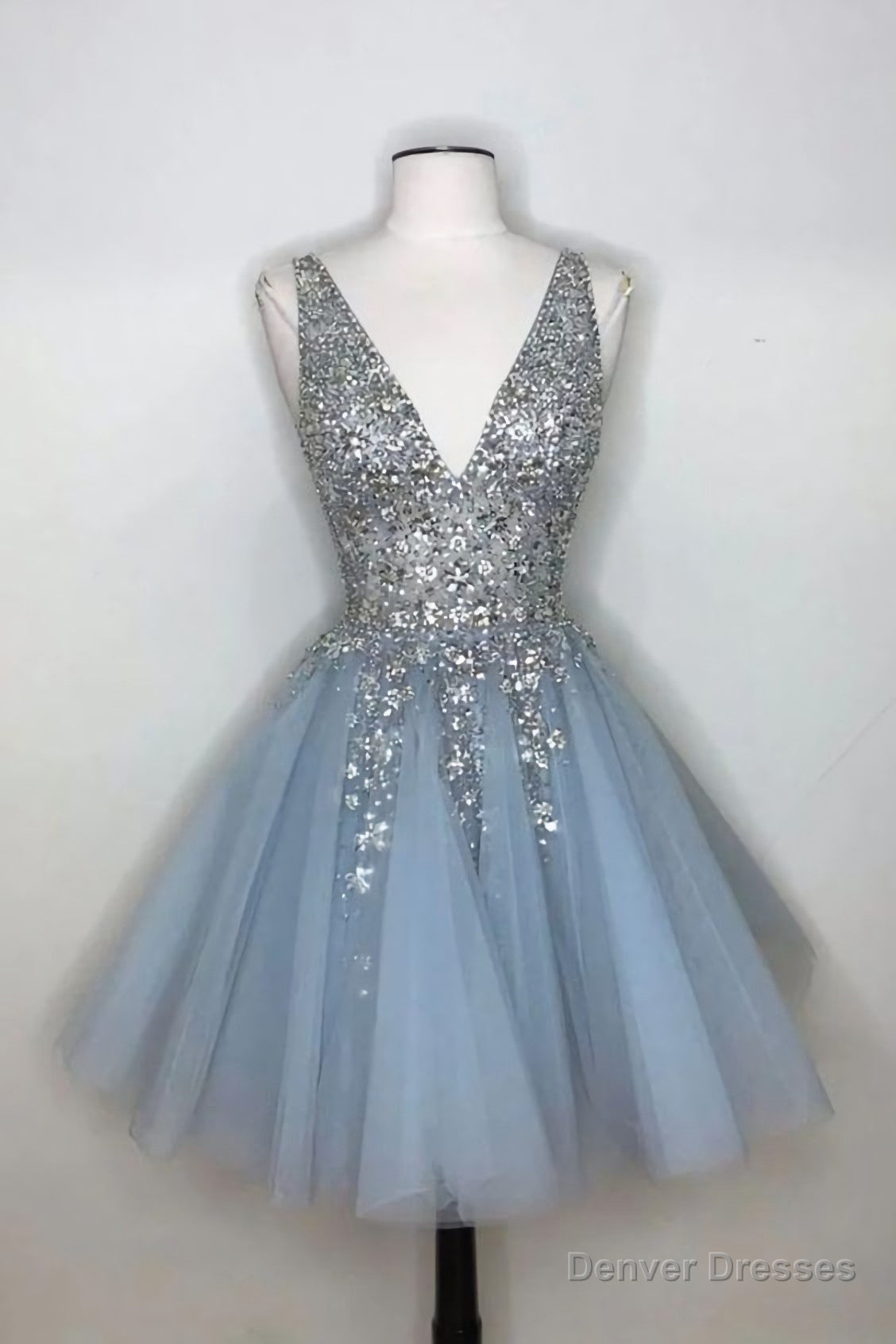 Blue V Neck Tulle Sequin Short Dress, Blue Homecoming Dress Main image