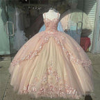 Pink Sparkly Quinceanera Prom Dresses, Lace Flower Sweet 16 Tulle Party Ball Gown