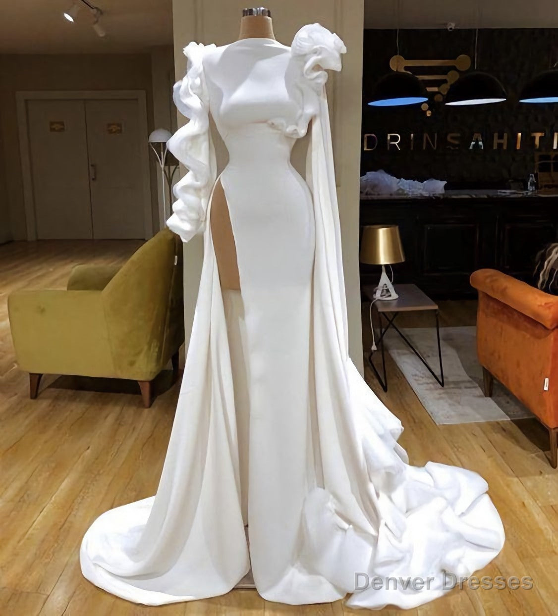 Mermaid Prom Dresses, Crew Neck Prom Dresses, Side Slit Evening Dresses, White Prom Dresses Main image