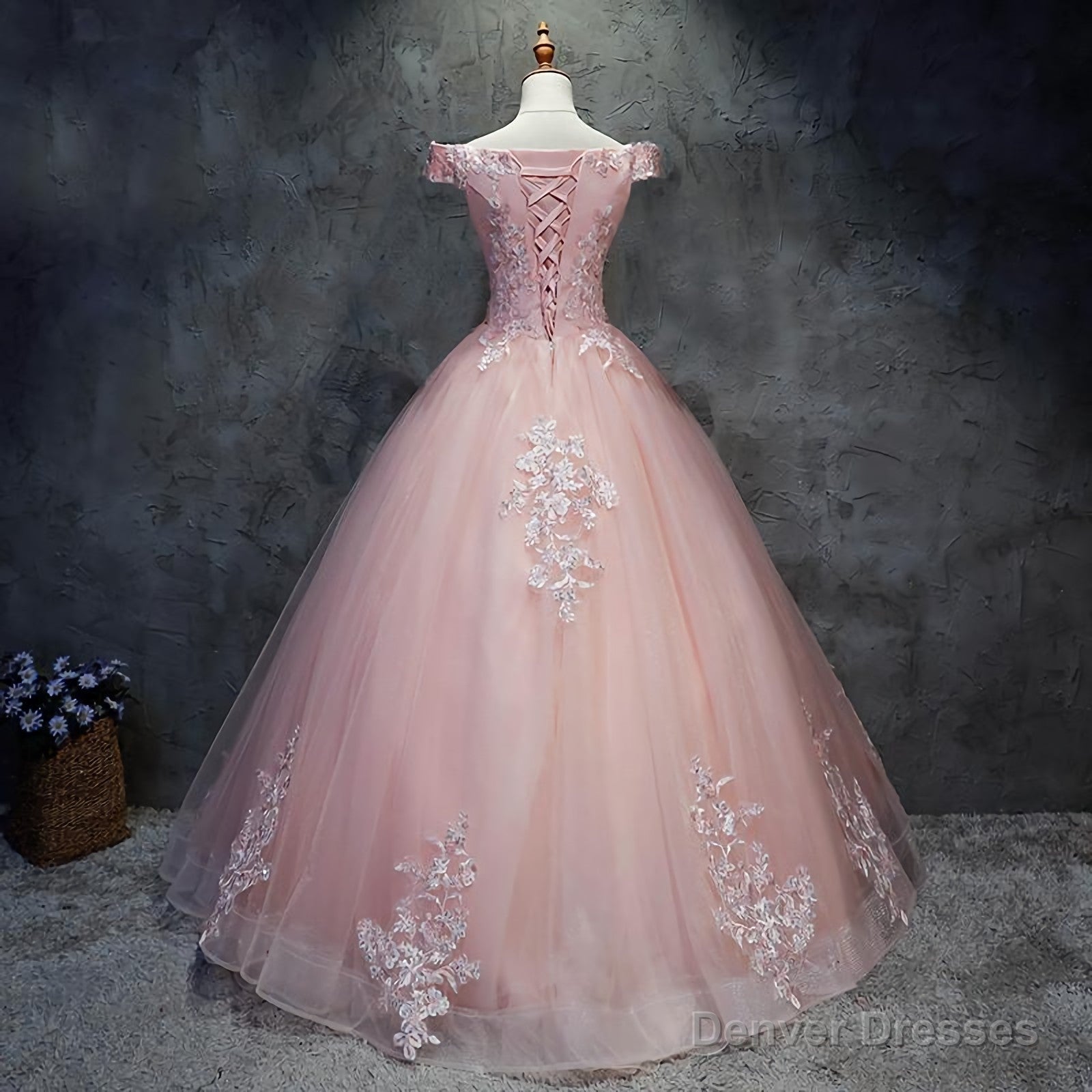 Pink Cap Sleeves Ball Gown Tulle With Lace Sweet 16 Prom Dresses, Long Quinceanera Dresses
