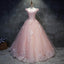 Pink Cap Sleeves Ball Gown Tulle With Lace Sweet 16 Prom Dresses, Long Quinceanera Dresses
