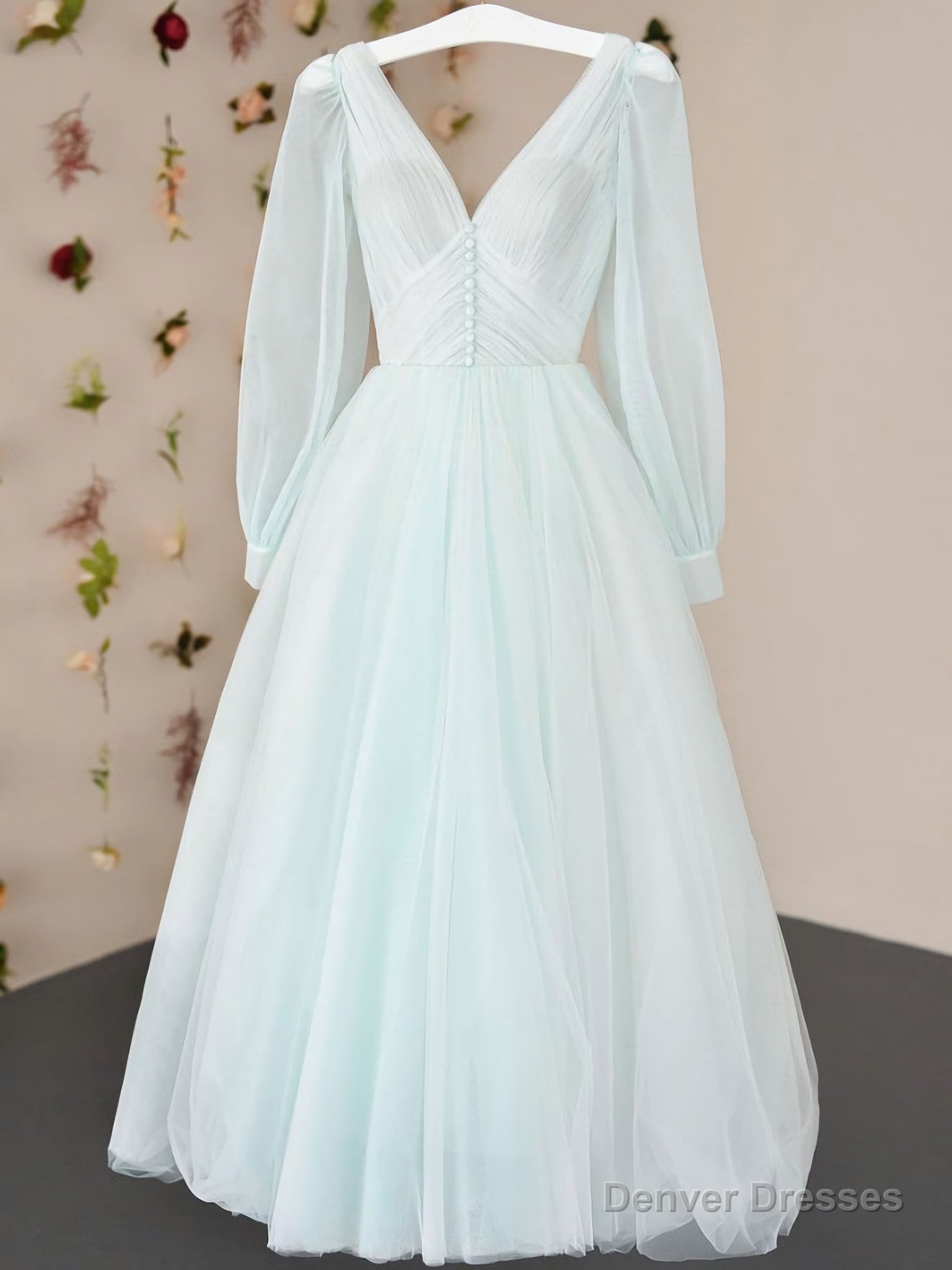 Simple V Neck Tulle Tea Length Prom Dress, Tulle Formal Dress