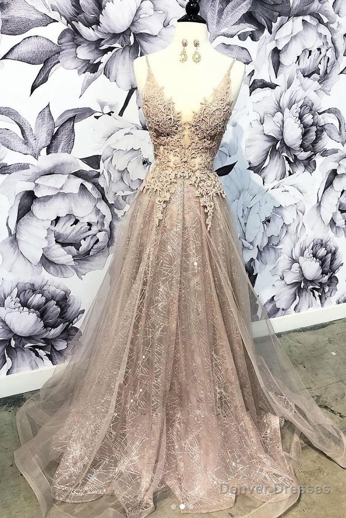 Champagne V Neck Tulle Lace Long Prom Dress, Champagne Tulle Evening Dress Secondary image