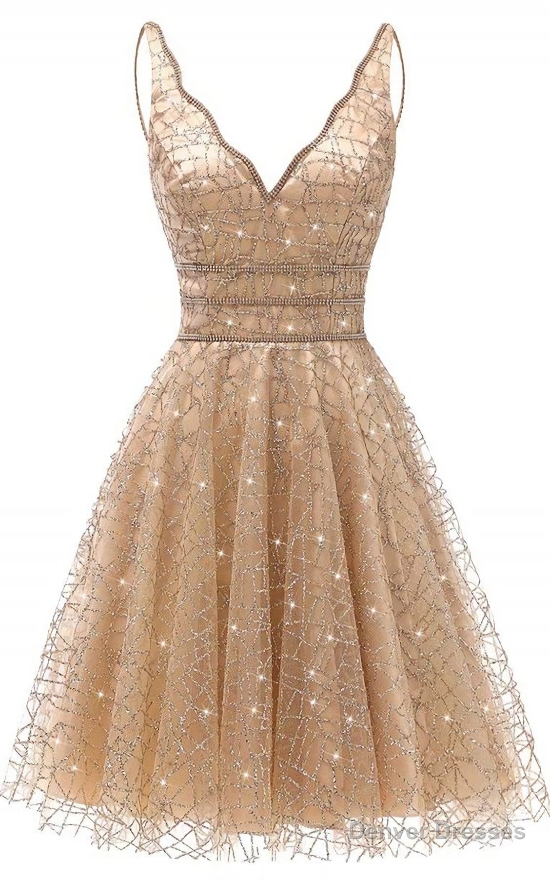 A Line V Neck Knee Length Gold Sequins Homecoming Dress, With Beading Main image