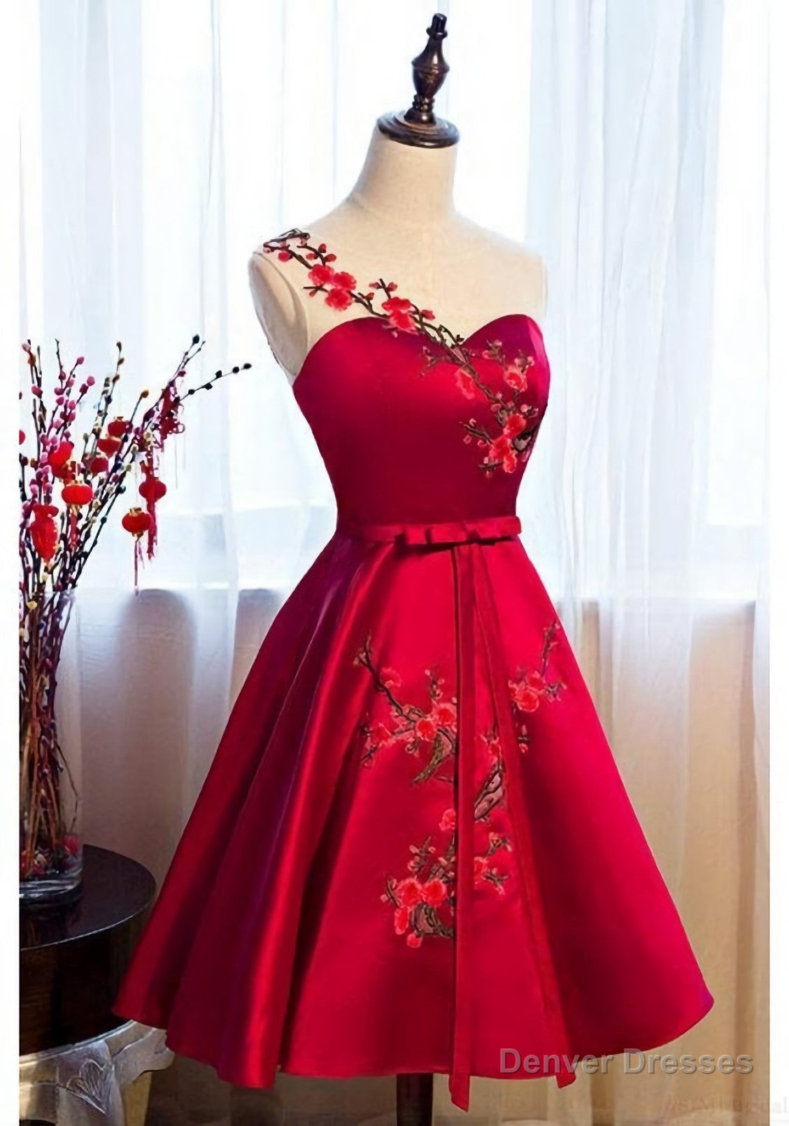 Burgundy Satin Homecoming Dresses, With Applique Secondary image