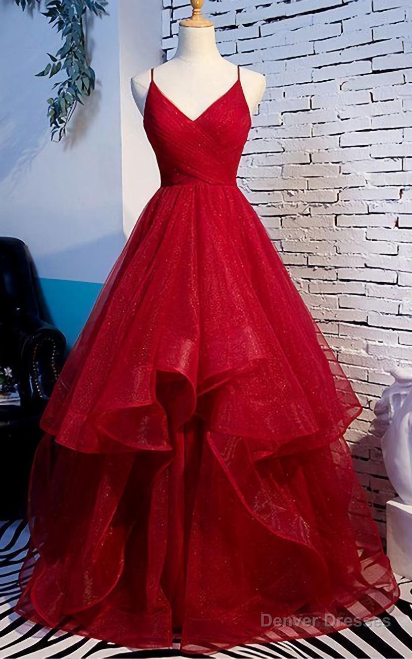 Elegant Tulle Red Straps Prom Dress, A Line Prom Dresses, Long Evening Dress, Burgundy Prom Dress Secondary image