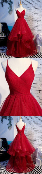 Elegant Tulle Red Straps Prom Dress, A Line Prom Dresses, Long Evening Dress, Burgundy Prom Dress