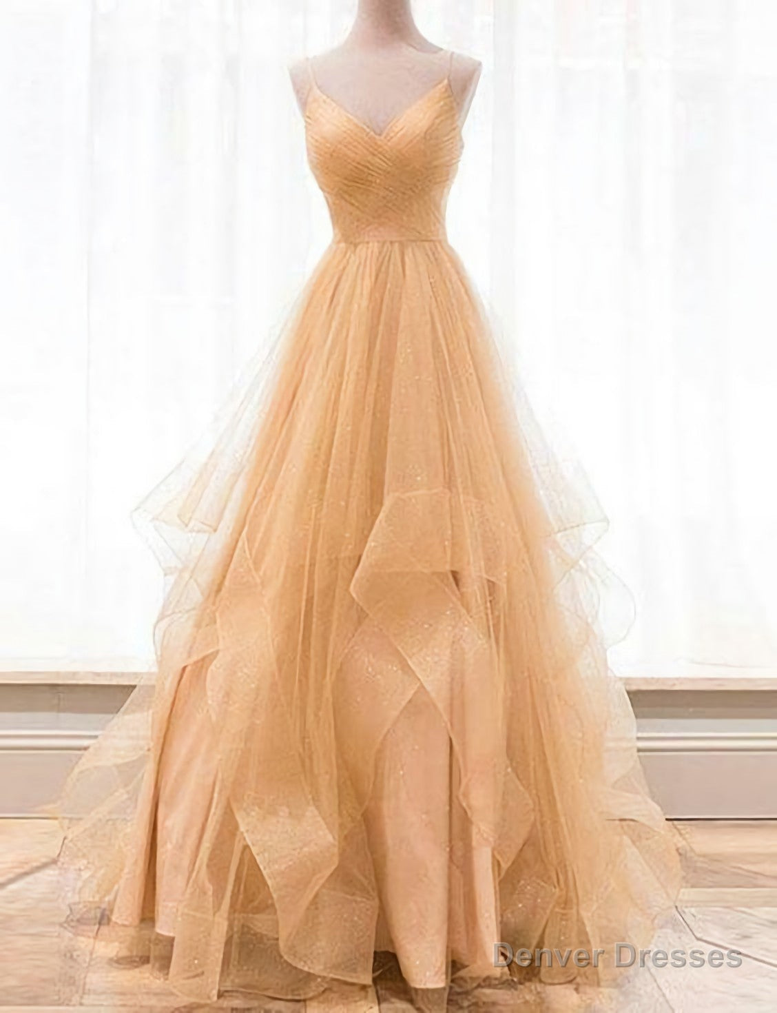 Custom Made Gold V Neck Tulle Long Prom Dress, Evening Dress Secondary image