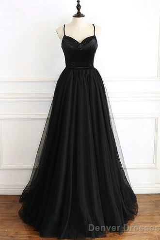Black Tulle Spaghetti Straps Open Back Long Prom Dress Main image