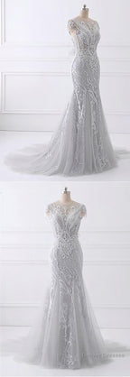 Spring Gray Tulle Long Mermaid Prom Dress, Beaded Lace Evening Gown