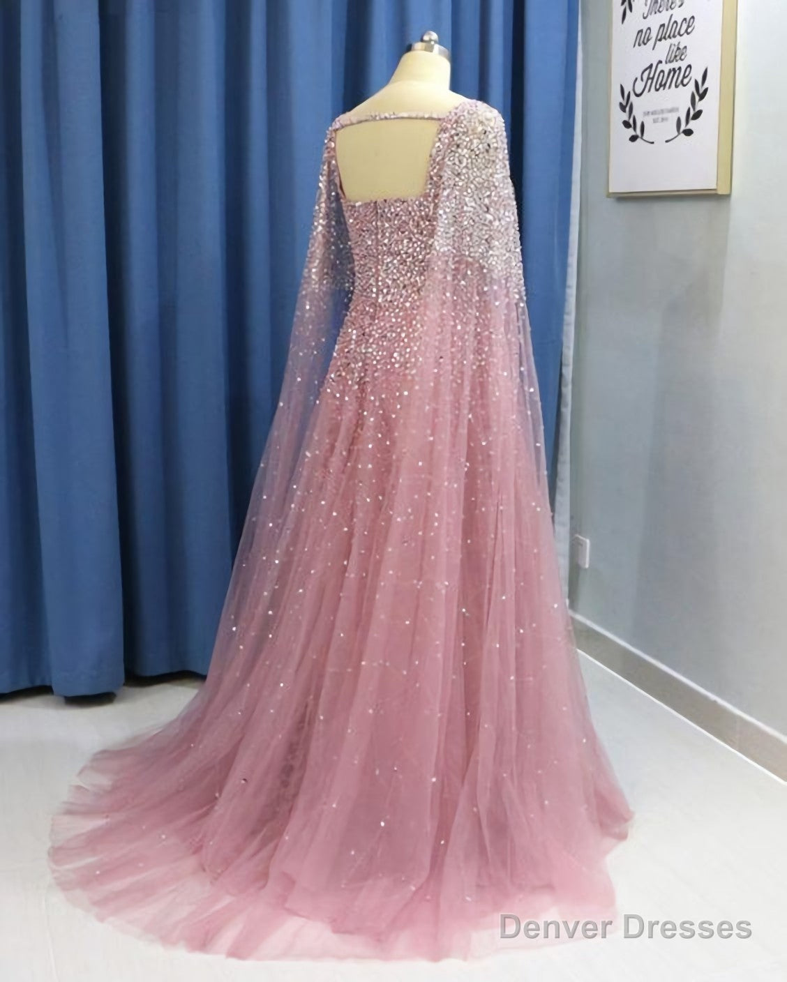 Pink Tulle Open Back Long Sleeve Sequins Evening Dress, Formal Prom Dress Main image