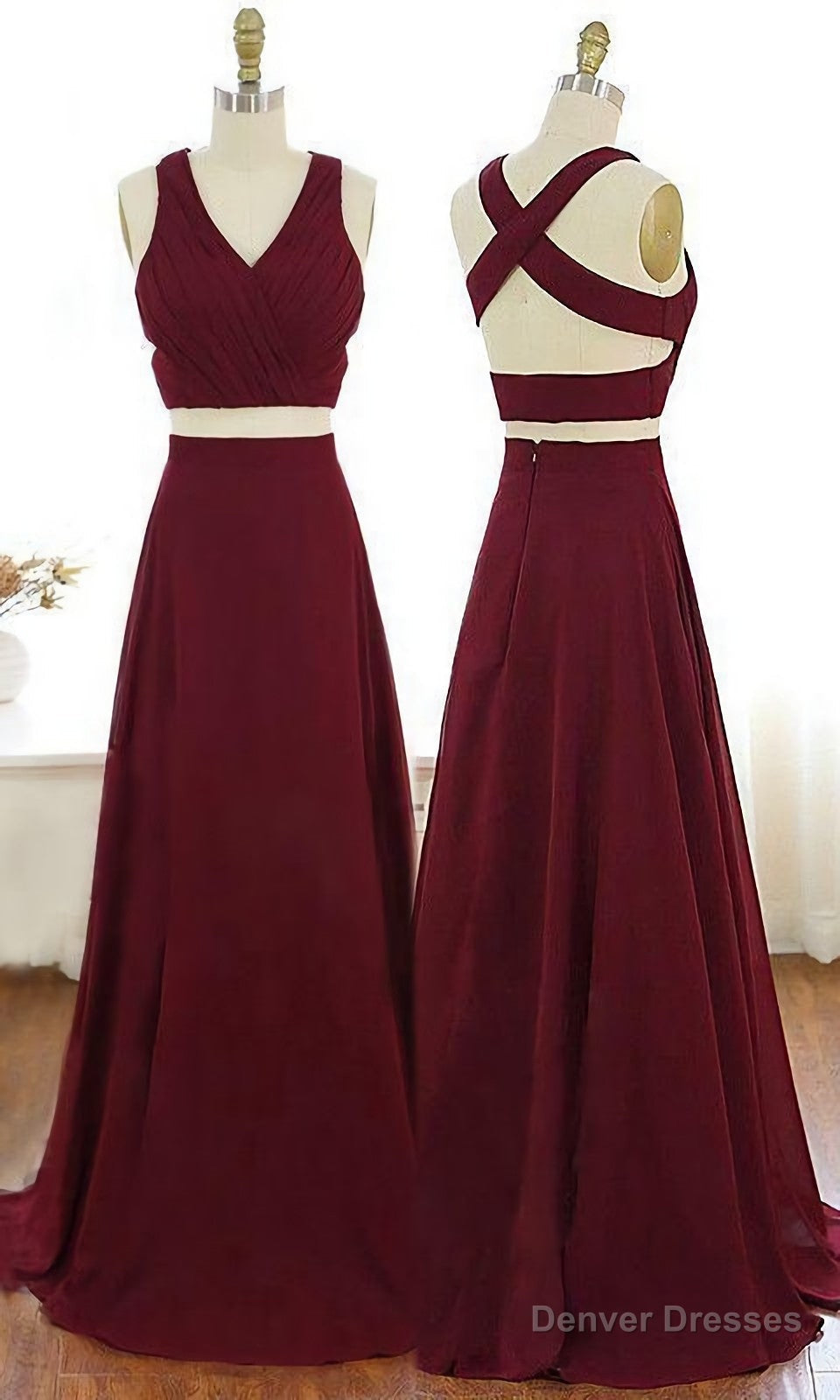V Neck Burgundy Party Dress, Criss Cross Straps Chiffon Two Piece Prom Dress Main image