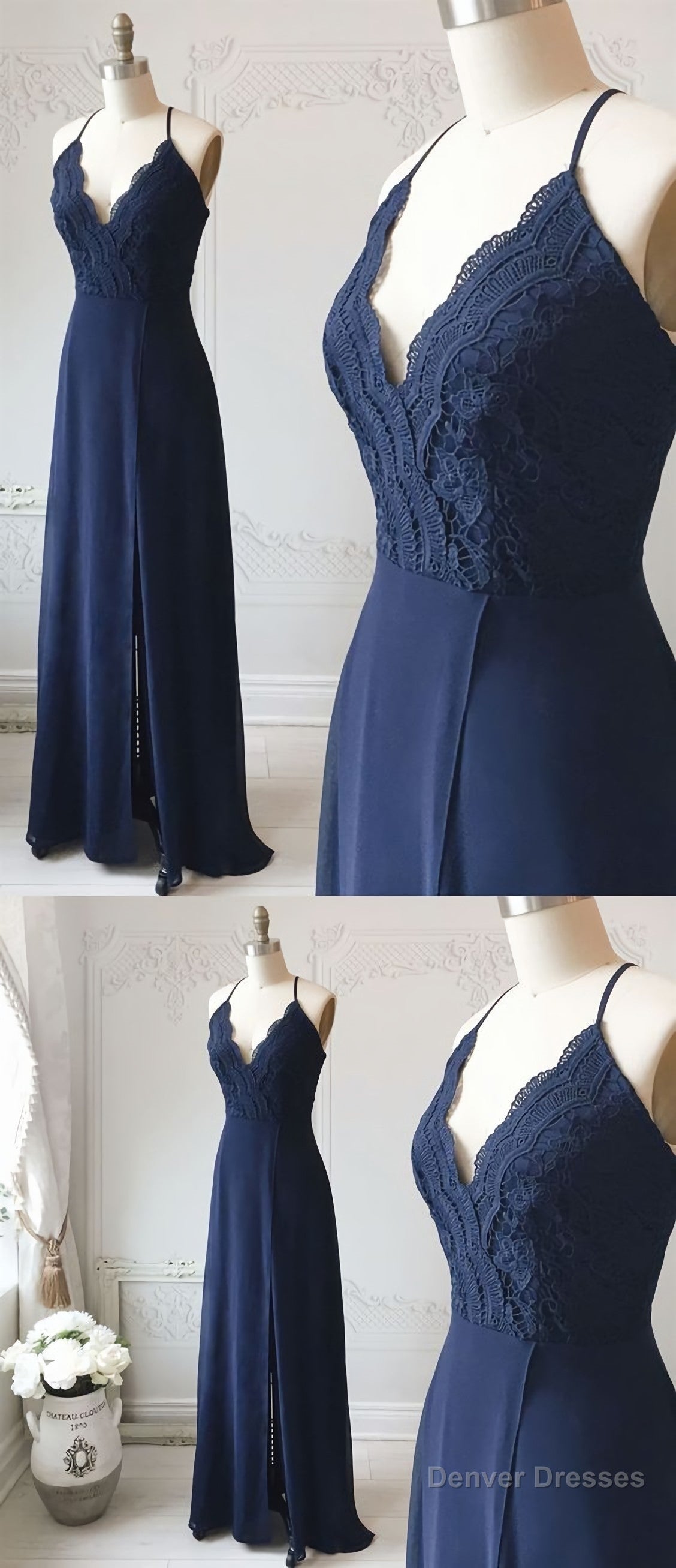 Spaghetti Straps Floor Length Navy Blue Lace Prom Dresses, Navy Blue Lace Formal Evening Bridesmaid Dresses Main image