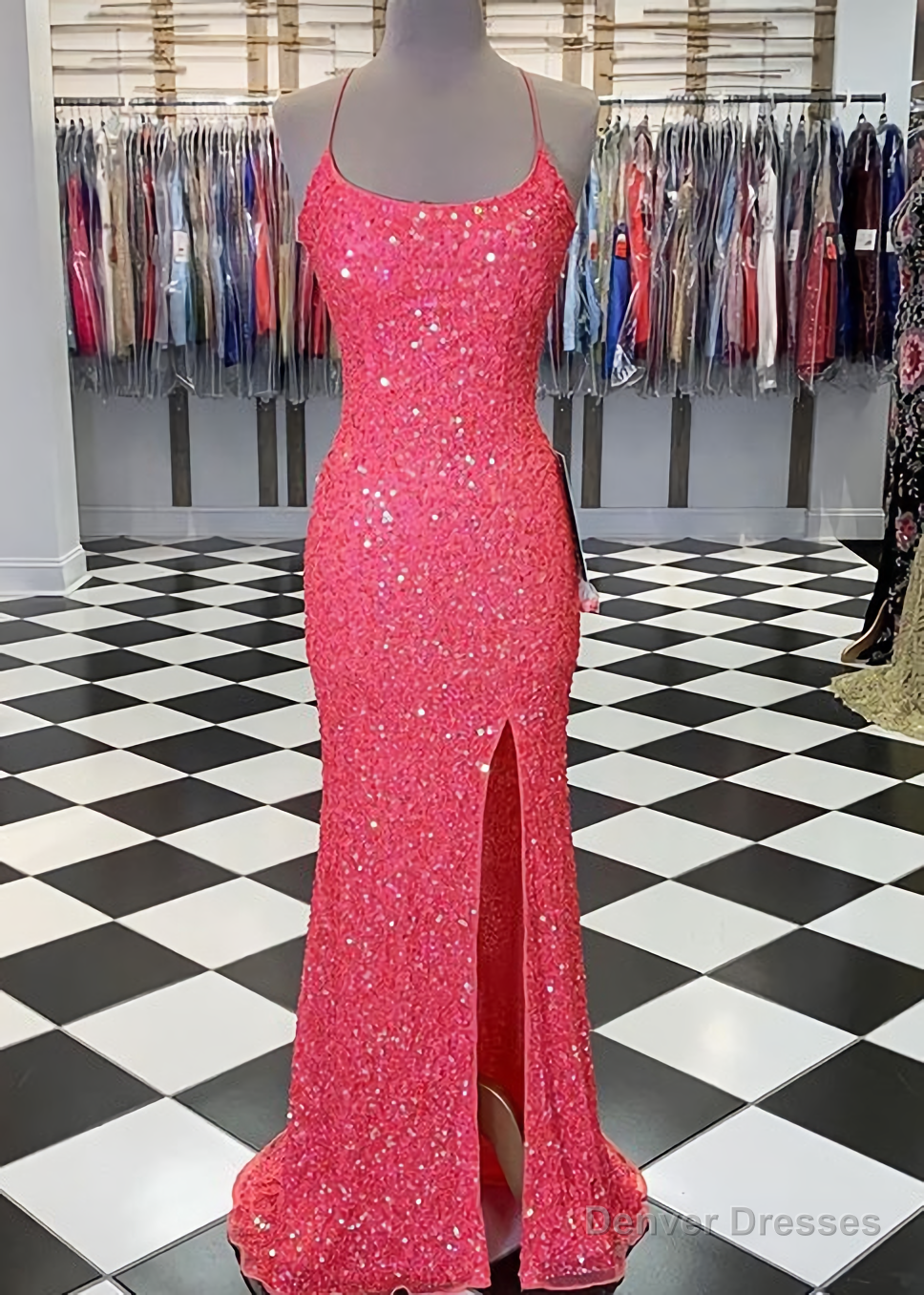 Spaghetti Straps Coral Pink Sequin Mermaid Prom Dress, With Slit Secondary image