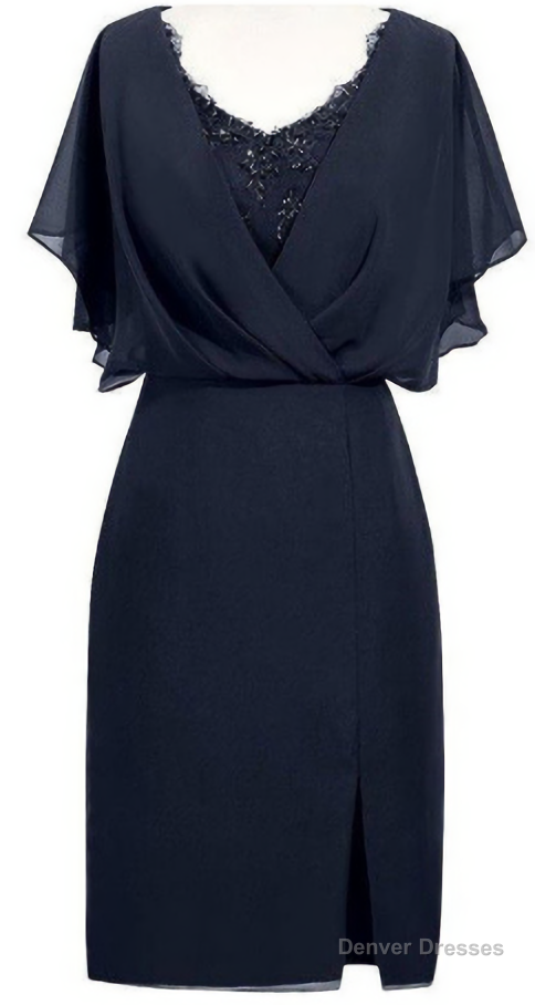 Sheath V Neck Short Navy Blue Chiffon Mother Of The Bride Homecoming Dress, With Beading Main image