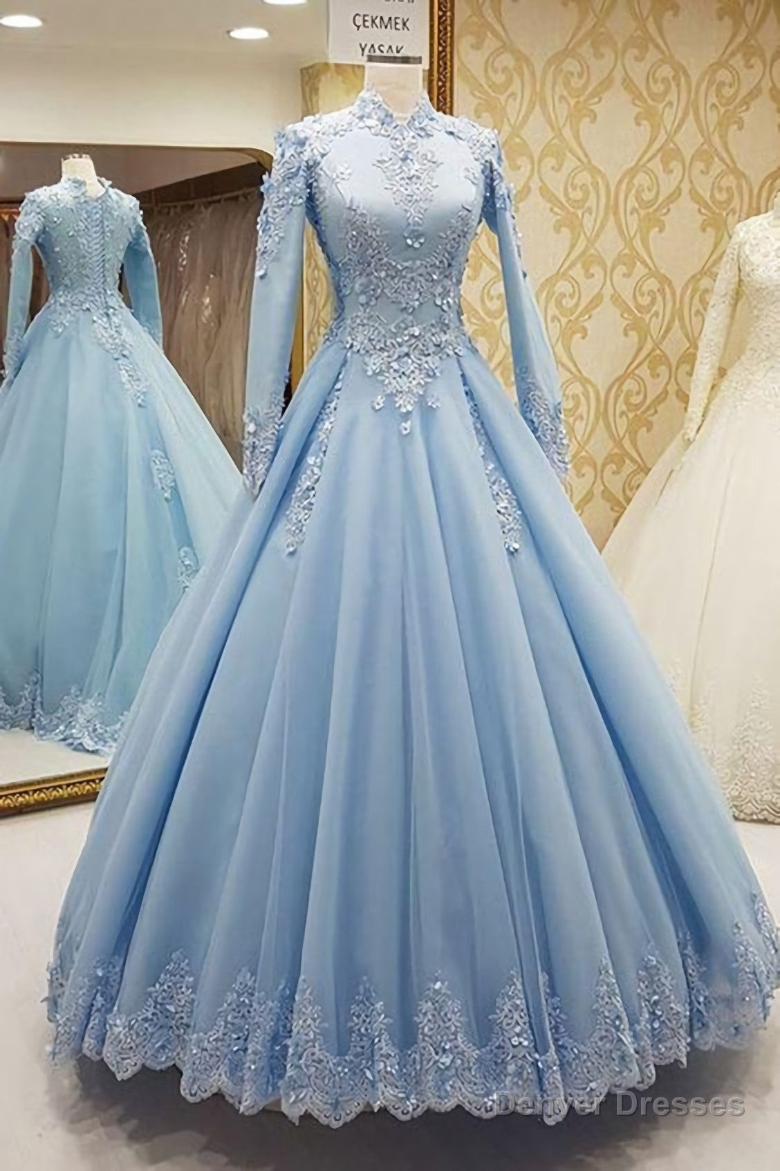 Blue Tulle High Neck Customize Formal Evening Dress, With Long Sleeves Secondary image