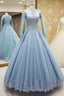 Blue Tulle High Neck Customize Formal Evening Dress, With Long Sleeves