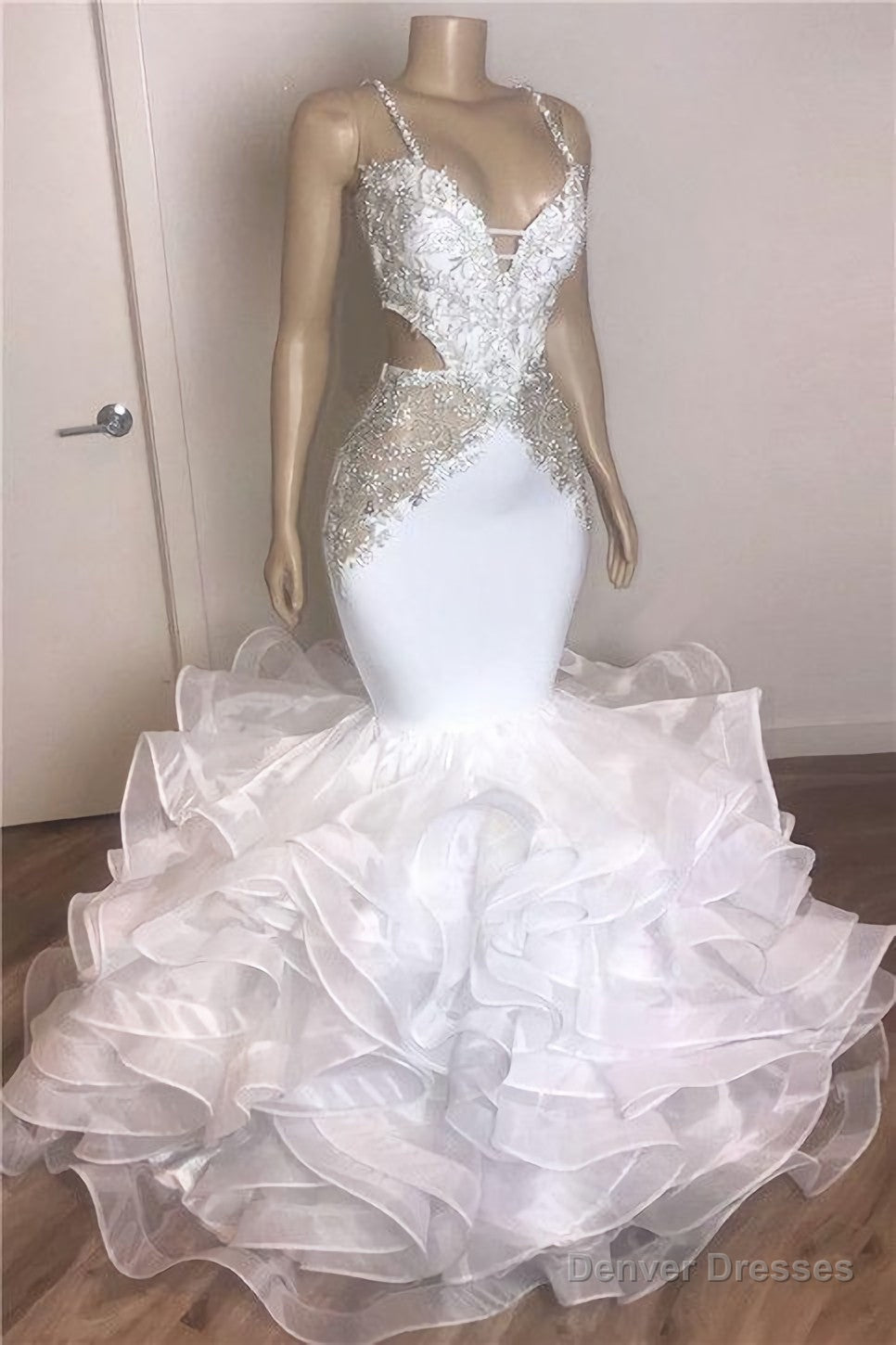 Spaghetti Straps Mermaid Ruffles White Prom Dresses Main image