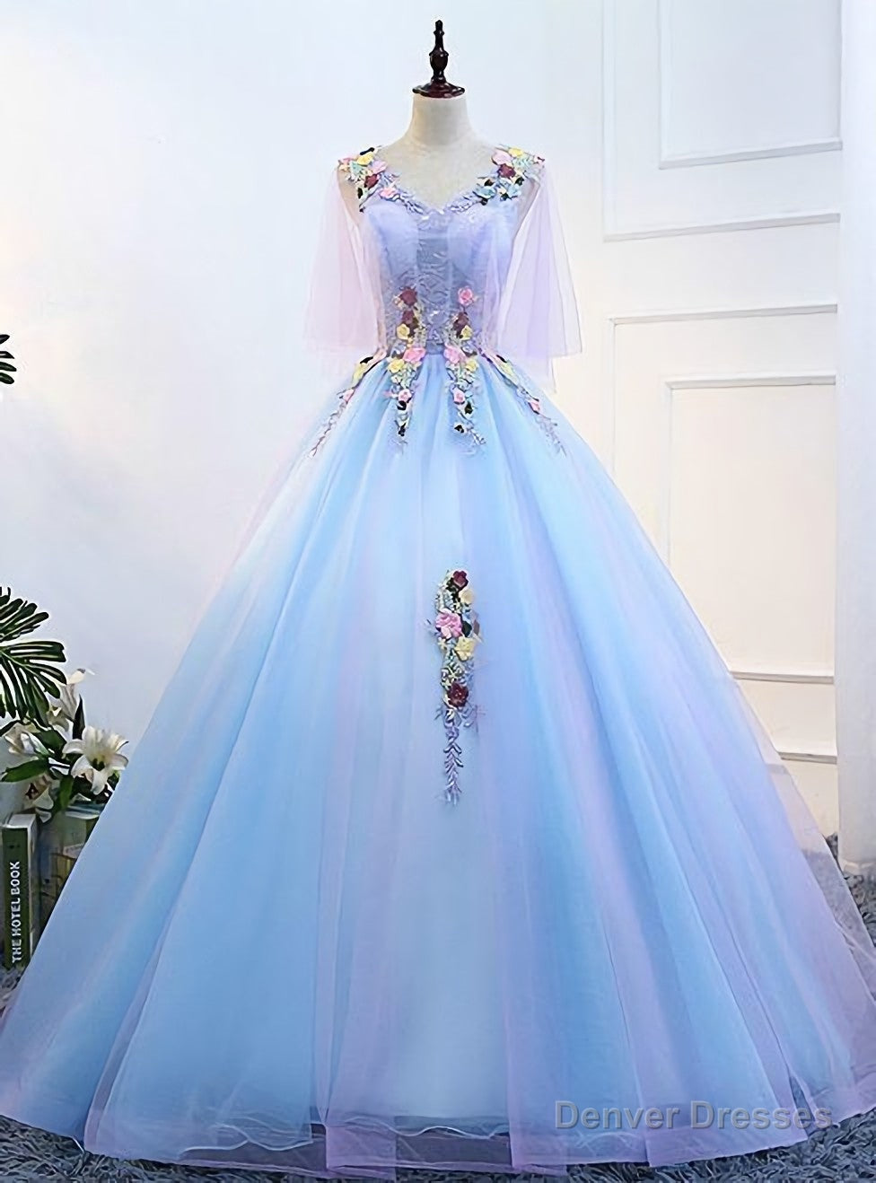 Blue V Neck Tulle Floor Length Quinceanera Dresses, Prom Dress, Evening Dress Main image
