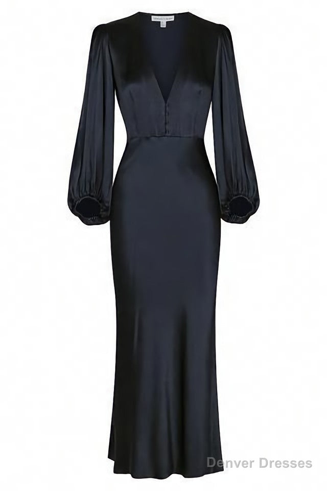 Simple V Neck Long Sleeves Prom Dress