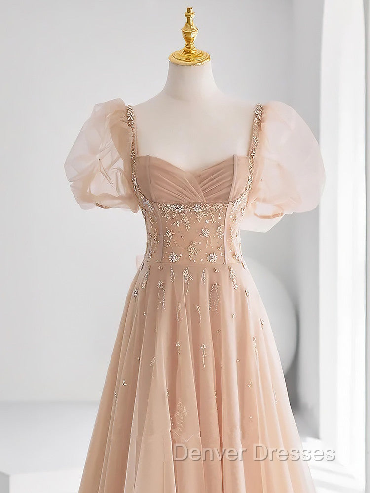 Chamapgne Beaded Short Sleeves Tulle A-line Prom Dress, Champagne Party Dress