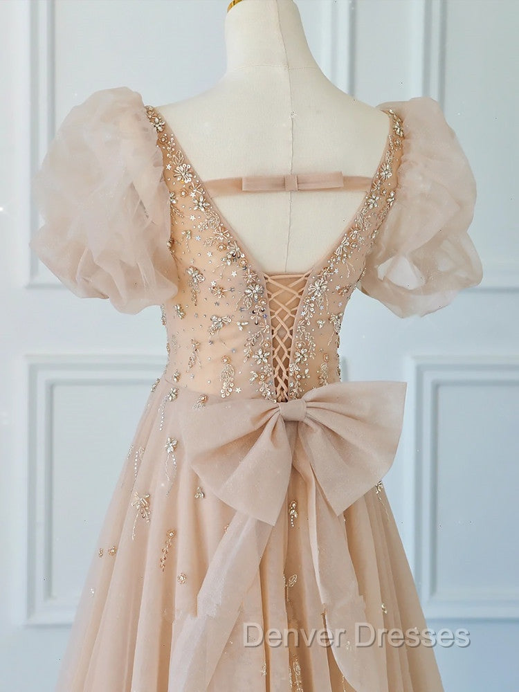 Chamapgne Beaded Short Sleeves Tulle A-line Prom Dress, Champagne Party Dress