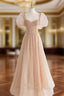 Chamapgne Beaded Short Sleeves Tulle A-line Prom Dress, Champagne Party Dress
