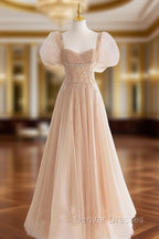 Chamapgne Beaded Short Sleeves Tulle A-line Prom Dress, Champagne Party Dress