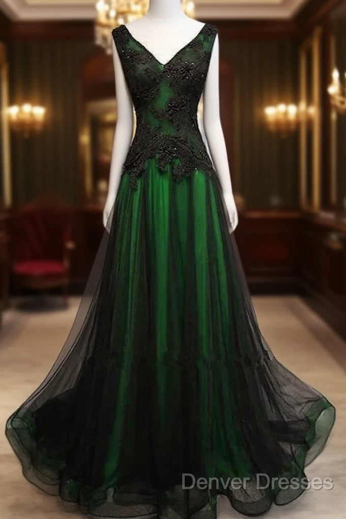 Chaming Black And Green Tulle V-Neckline Long Party Dress, Beautiful V-Neckline Prom Dress Main image