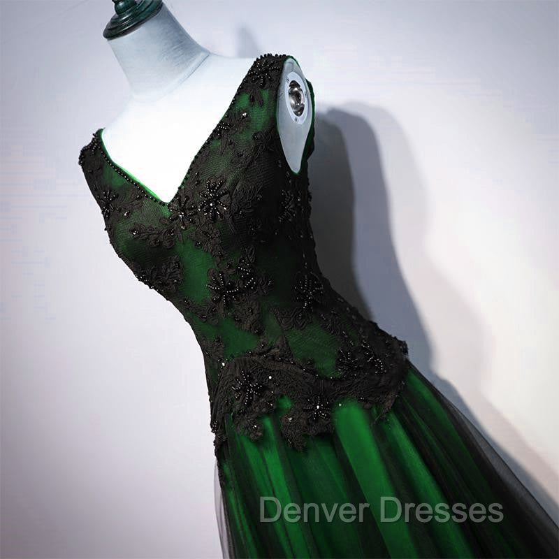 Chaming Black and Green Tulle V-neckline Long Party Dress, V-neckline Prom Dress Secondary image