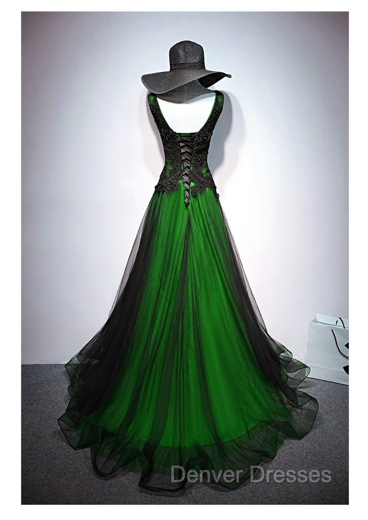 Chaming Black and Green Tulle V-neckline Long Party Dress, V-neckline Prom Dress
