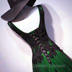 Chaming Black and Green Tulle V-neckline Long Party Dress, V-neckline Prom Dress