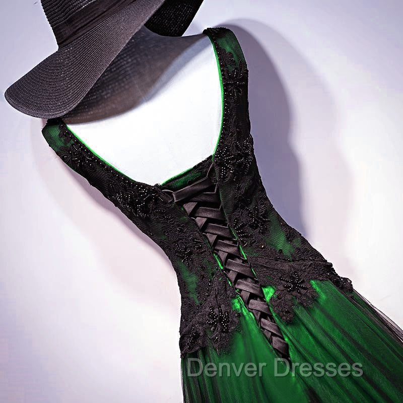 Chaming Black and Green Tulle V-neckline Long Party Dress, V-neckline Prom Dress