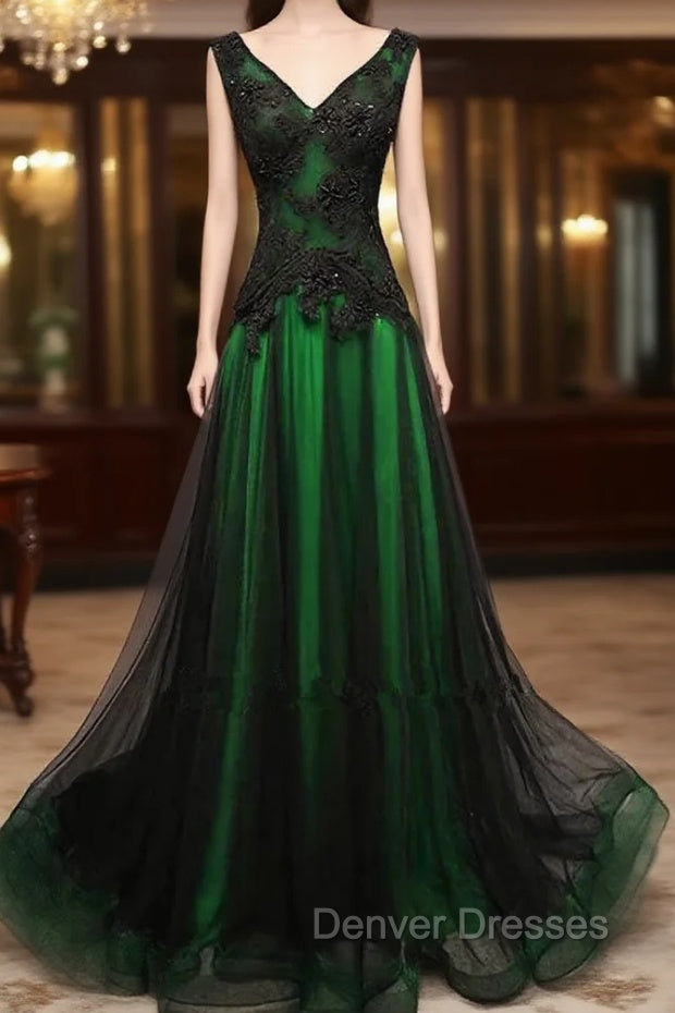 Chaming Black and Green Tulle V-neckline Long Party Dress, V-neckline Prom Dress Main image