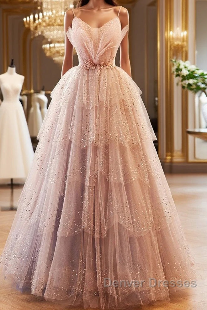 Champagne A-Line Beading Sequin Long Prom Dress, Champagne Formal Dress Main image