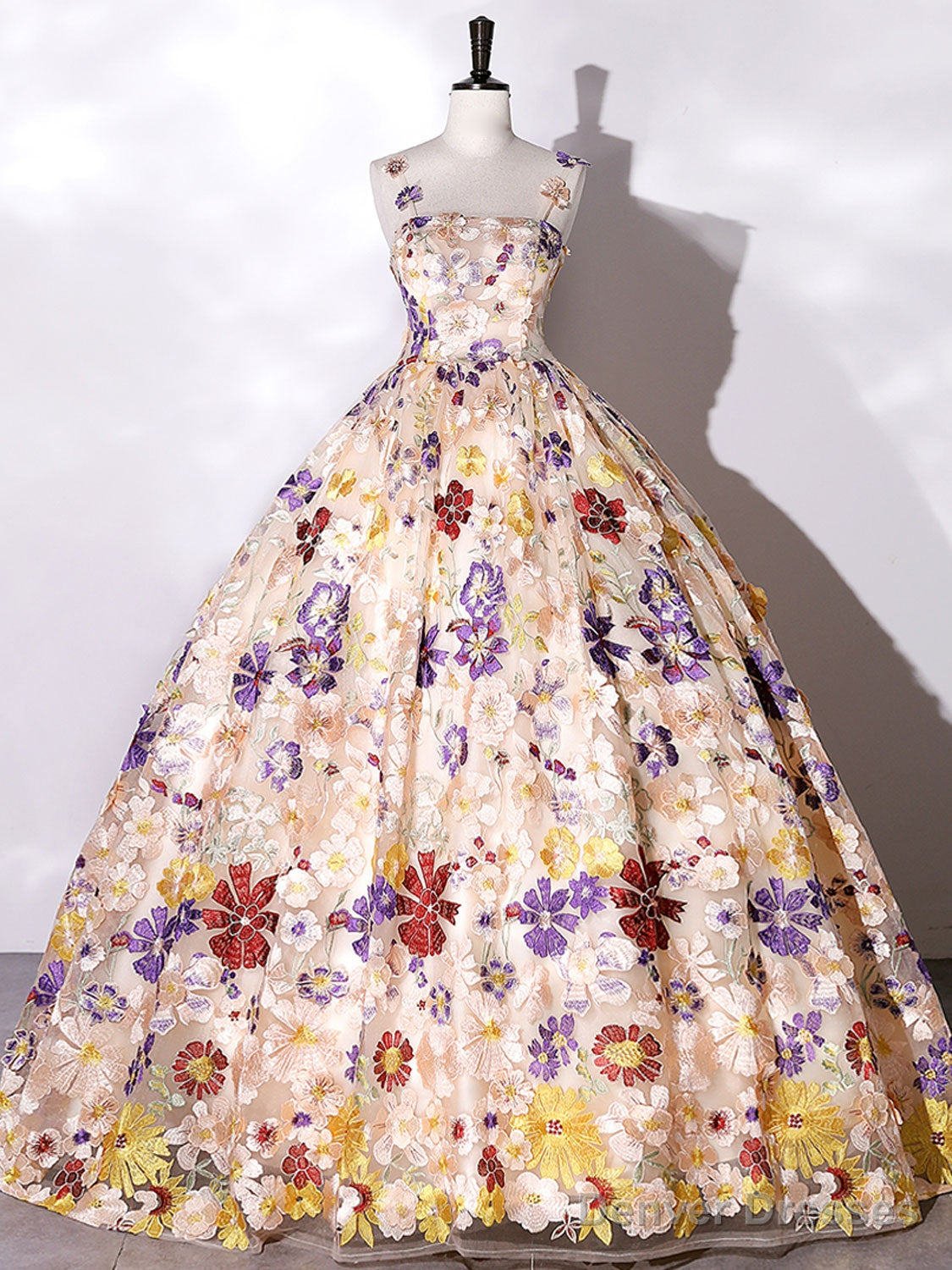 Champagne A-Line Flowers Long Prom Dress, Champagne Sweet 16 Dress Main image